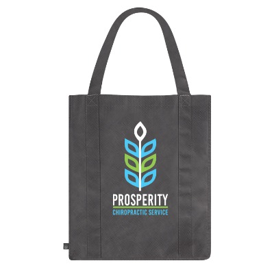 Black non-woven rPET tote bag with custom full-color logo.