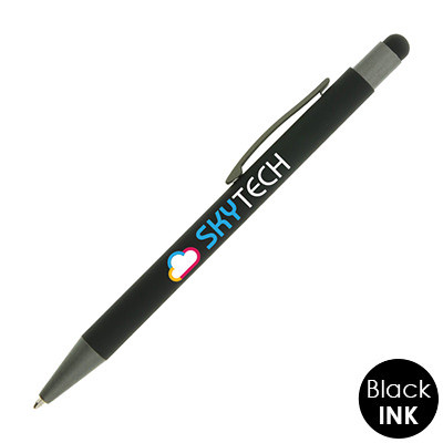 Custom metal full-color pen with rubber stylus.