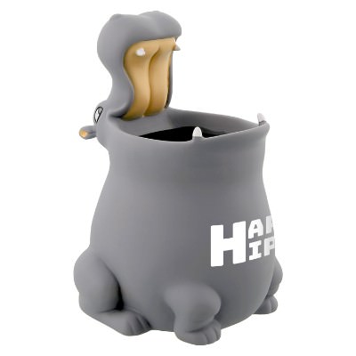 Gray plastic hippo writing utensil holder with one color logo.