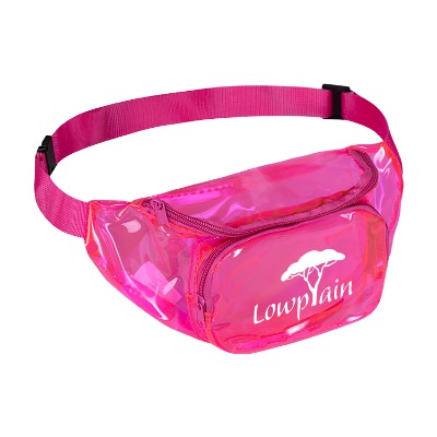 Custom pink translucent fanny pack with white imprint.