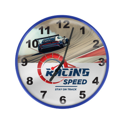 Blue plastic clock with a custom imprint.
