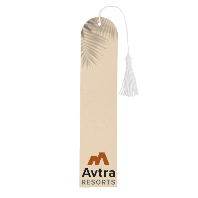 White cardstock bookmark with a branded imprint.