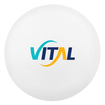 White plastic ping pong ball with a custom logo.