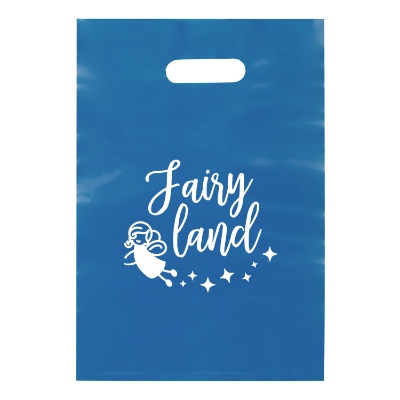 Plastic blue frosted die cut bag with logo.