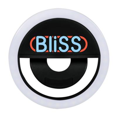 Black plastic selfie light with a personalized imprint.