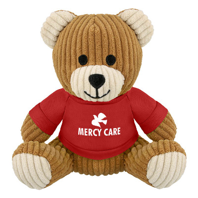 Plush and cotton corduroy bear with a red t-shirt with a personalized logo.