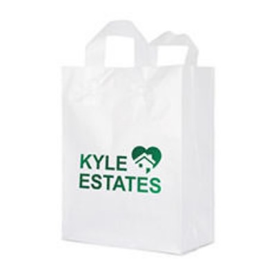 Plastic frosted clear with handles foil stamped recyclable shopper bag with logo.
