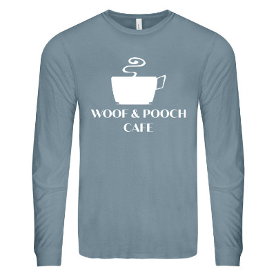 Heather slate long sleeve tee with custom logo.