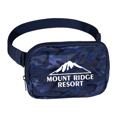 Camouflage blue fanny pack with personalized white logo.