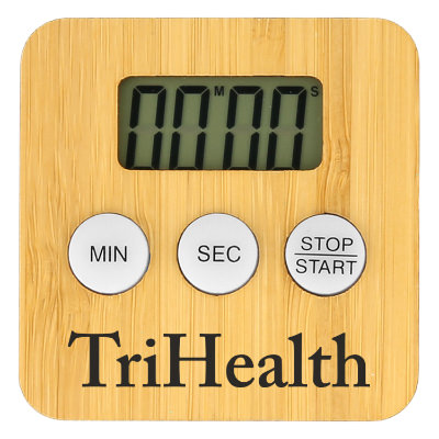 Bamboo kitchen timer with a custom imprint.