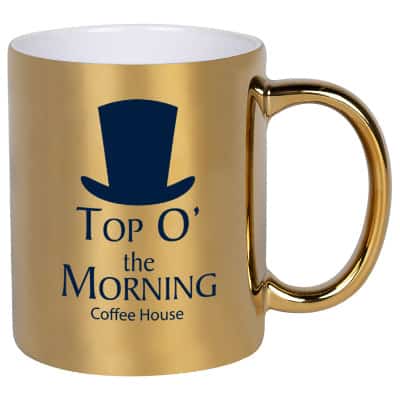 Ceramic metallic gold coffee mug with c-handle and custom print in 12 ounces.
