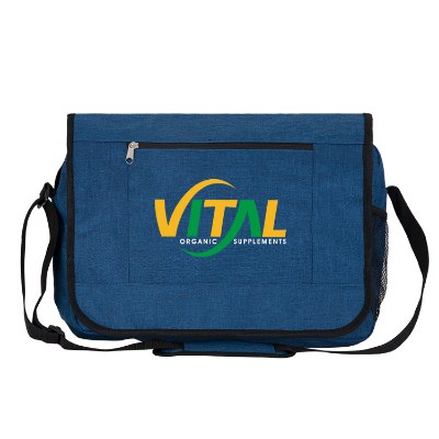 Polycanvas slate blue high travel messenger bag with logoed full color imprint.