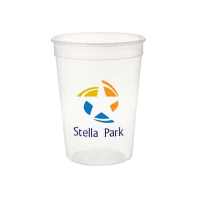 Plastic white stadium cup with custom full-color imprint in 12 ounces.