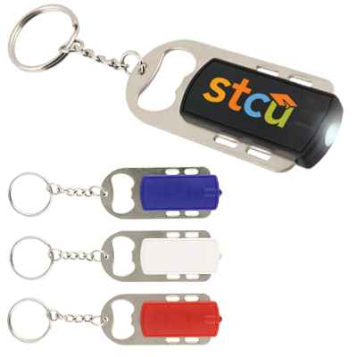 Plastic black LED light keychain metal bottle opener full color imprinted.