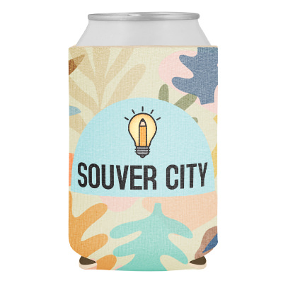 Boho can cooler with custom full color imprint.