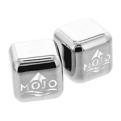 Stainless ice cube with custom logo.