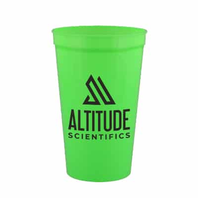 Plastic bright orange stadium cup with custom imprint in 22 ounces.