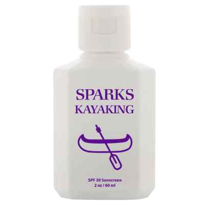 Plastic white sunscreen with a personalized logo.