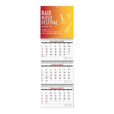 Fourteen month three months at a glance calendar with personalized promotional imprint.