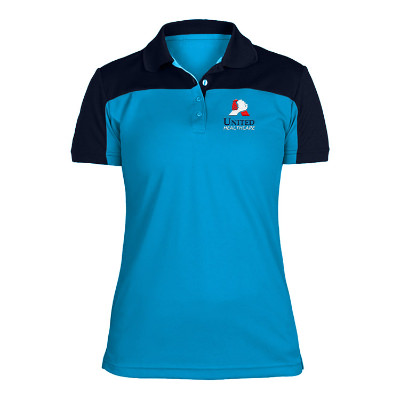 Customized embroidered blue with navy colorblock ladies' performance polo