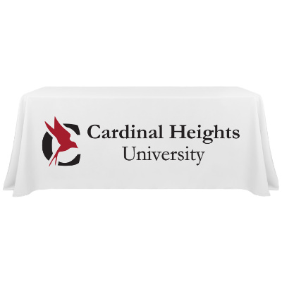 6 foot polyester 3-sided table cover with full-color imprint on front.