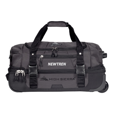 Black duffel bag with custom logo.