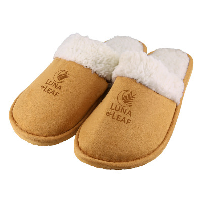 Brown Sherpa slippers with custom logo.