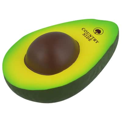 Foam avocado stress ball with branded logo.