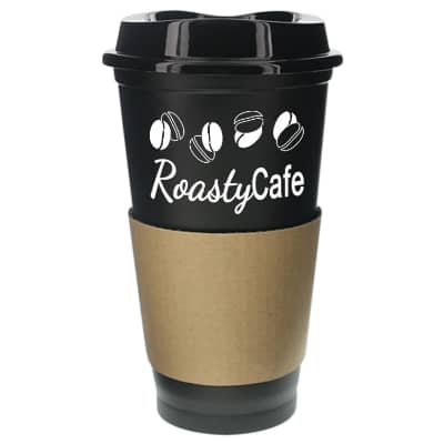 Plastic black tumbler with custom imprint in 16 ounces.