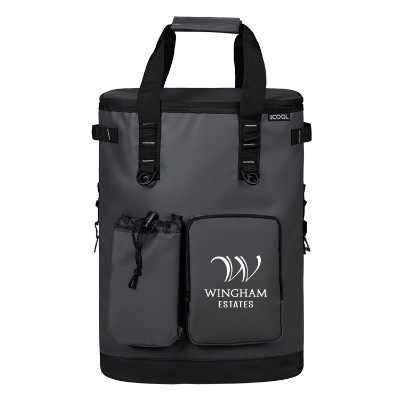 Gray tarpaulin cooler with a personalized imprint.