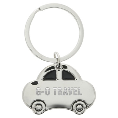 Silver metal car keychain with custom promotional imprint.