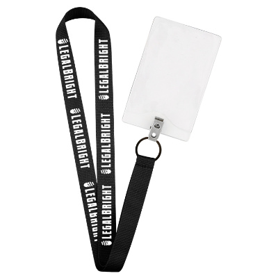 3/4 inch black grosgrain polyester lanyard with custom design, black key ring and vertical ID holder.