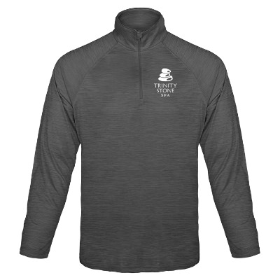 Black quarter-zip with custom logo.