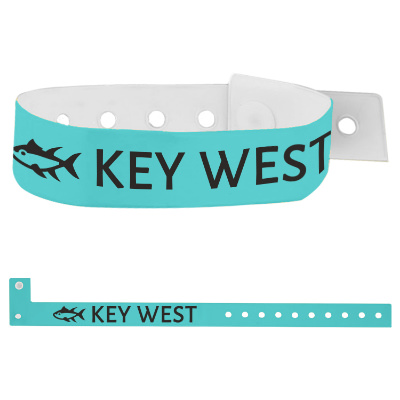 Teal vinyl wristband with a personalized logo.