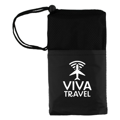 Black poncho with custom logo.