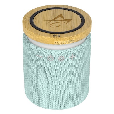 Seafoam green bamboo speaker with a branded imprint.