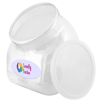 Clear plastic tub with a custom logo.