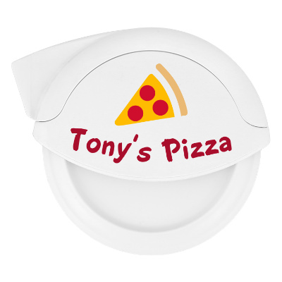 White pizza cutter with custom full-color logo.