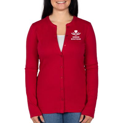 Red custom ladies cardigan.