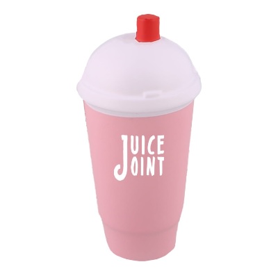 Pink foam stress ball with a custom logo.