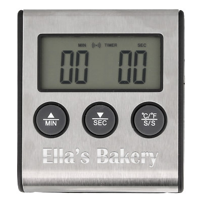 Silver stainless steel kitchen timer with a personalized logo.