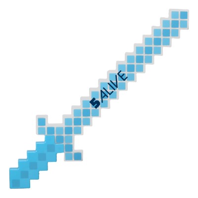Blue plastic pixel sword with a personalized logo.