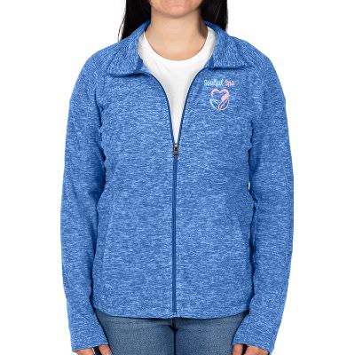 Full color ladies heather blue custom jacket.