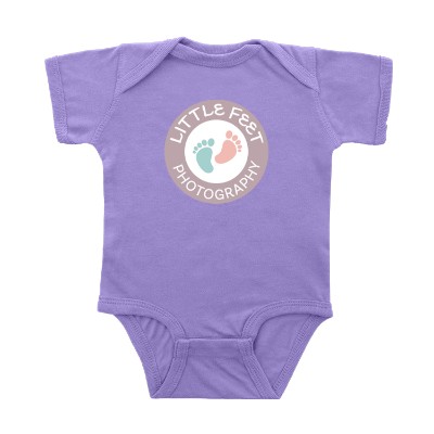 Custom full color imprint on lavender bodysuit.