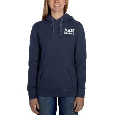 Blue imprinted custom ladies hoodie.