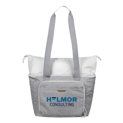 Gray polyester cooler with a custom logo.
