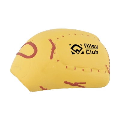 Tan foam stress ball with a custom logo.