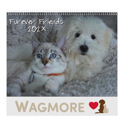 Furry friends spiral bound wall calendar with full color promotional logo.