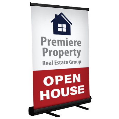 33 inch custom vinyl economy banner stand with black aluminum base.