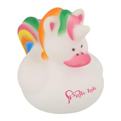 Plastic white branded rubber duck.